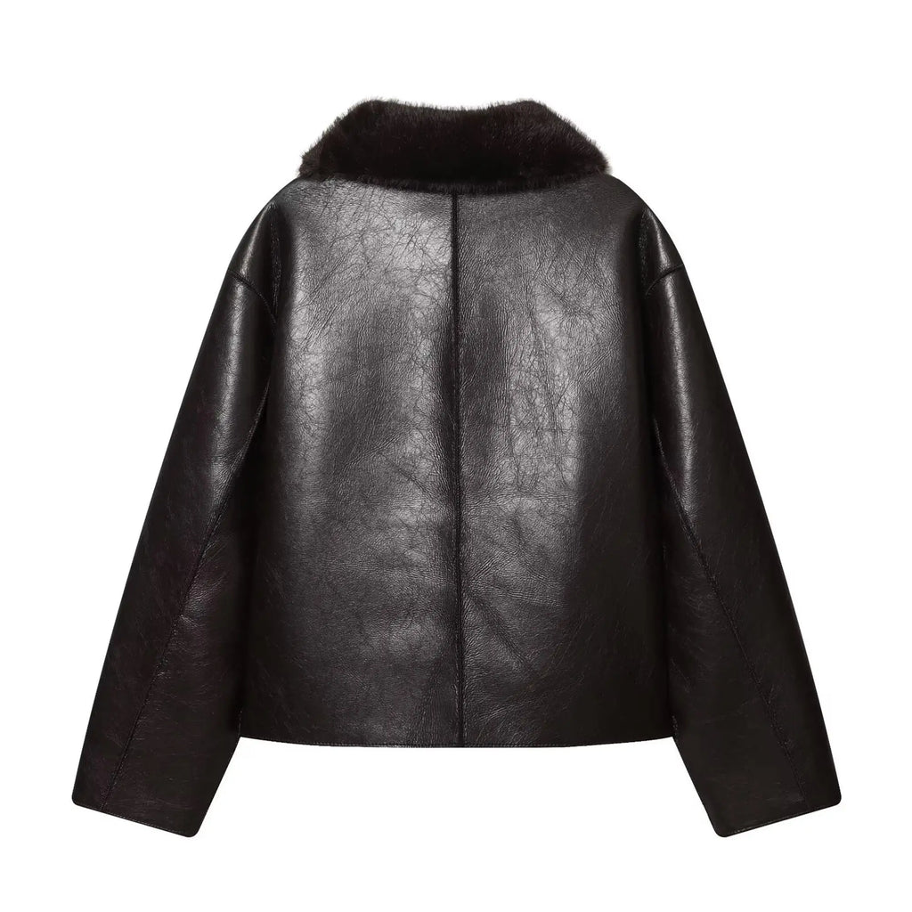 Winter Women New Double-sided Fleece Leather Jacket Fashion Reversible Lapel Single Breasted  Short Coat Retro Pocket Outwear