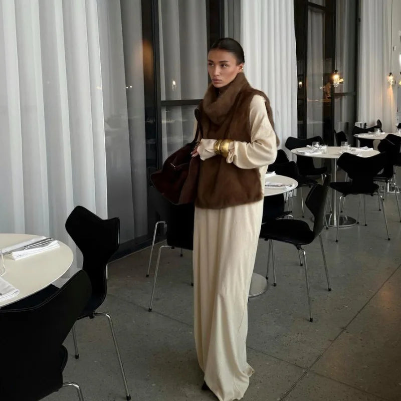 Fashion Medium-length Fur Coat Women Elegant Solid Lapel Hidden Button Loose Coats Lady 2025 Winter New Commute Office Outerwear