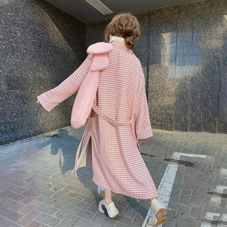 Long Coat Women Coats Work Turn Down Collar Houndstooth Thick Work Trench Streetwear Elegant Jackets Open Stith Autumn Winter