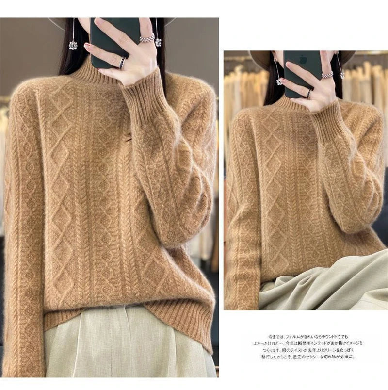 2024 New Women Autumn Winter Sweater Thick 100% Merino Wool Turtleneck Casual Cashmere Knitwaer Pullover Korean Fashion Tops