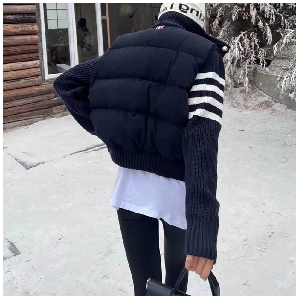 Womens Jacket Stand Collar Quilted Patchwork Knit Sleeves Casual Versatile Jacket Essential Autumn And Winter Item Trafizaran