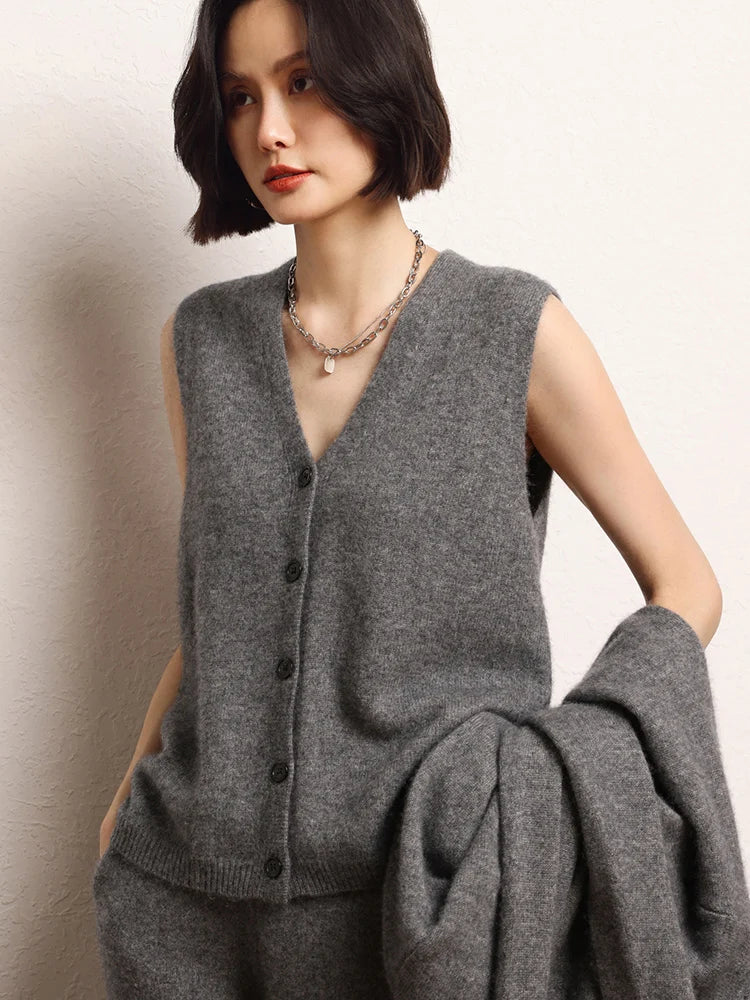 Women Cashmere Sweater Waistcoat Cardigans Vests 100% Cashmere Knitwear Autumn Winter Classics Sleeveless V-neck Office Lady Top