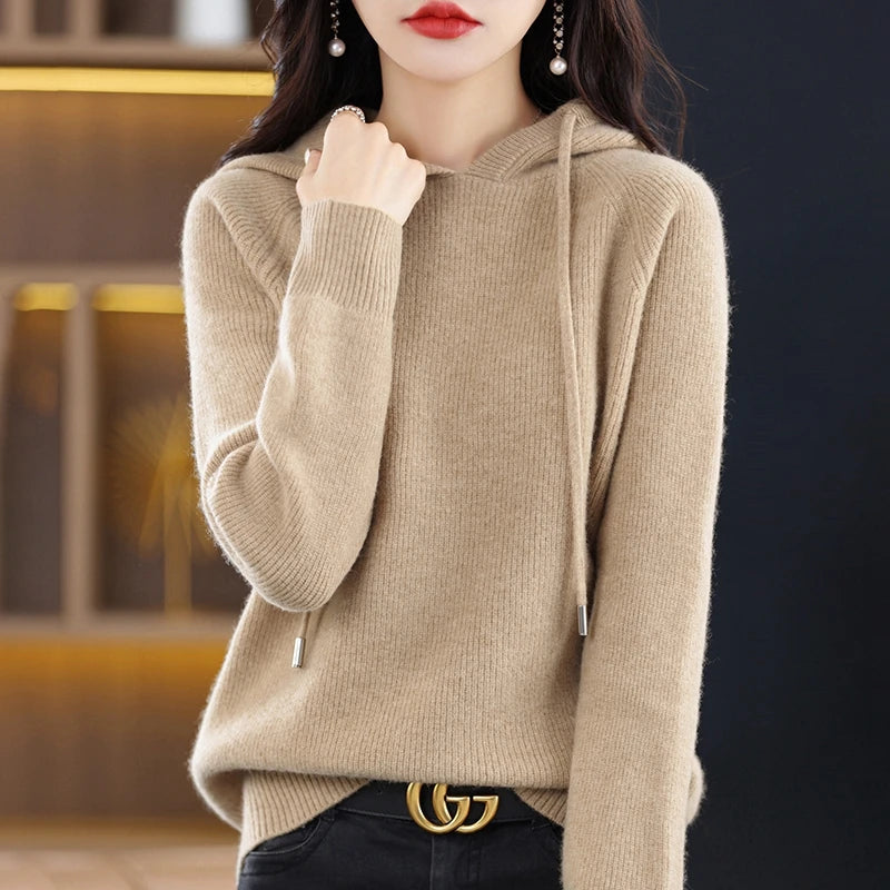 2023 New Cashmere hooded sweater Women Long Sleeve Autumn and Winter Knit hooded Pullover Solid Color Cashmere Base