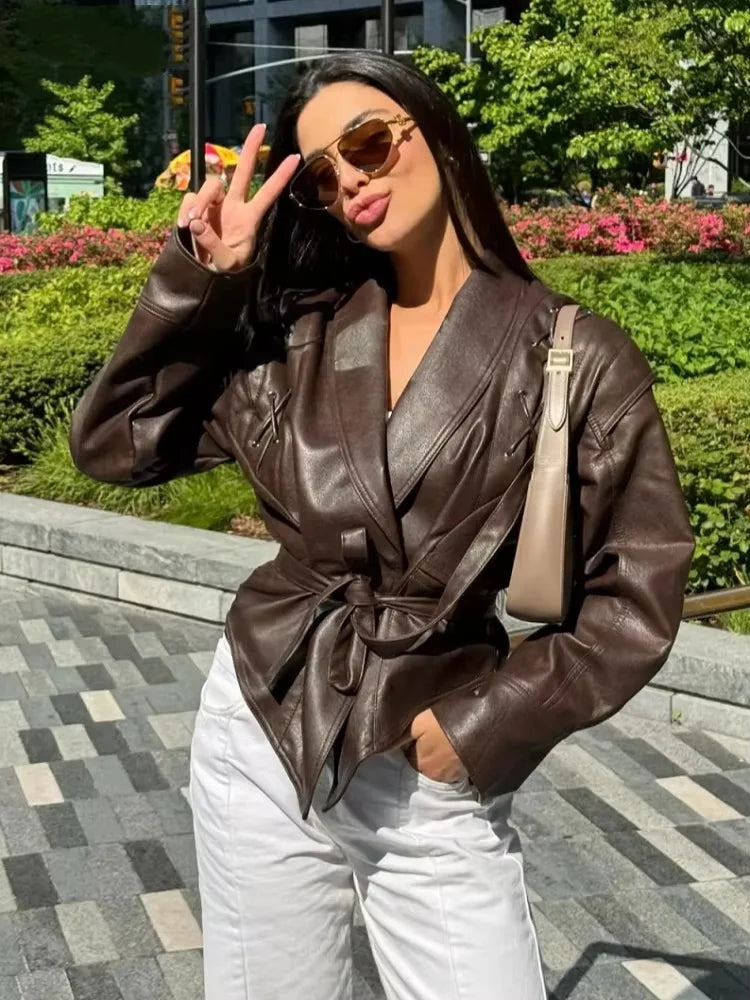 Autumn and Winter Faux Leather Jackets for Women 2025 Chic Dropped Shoulder PU Jacket Coat Casual Office Lady Blouses