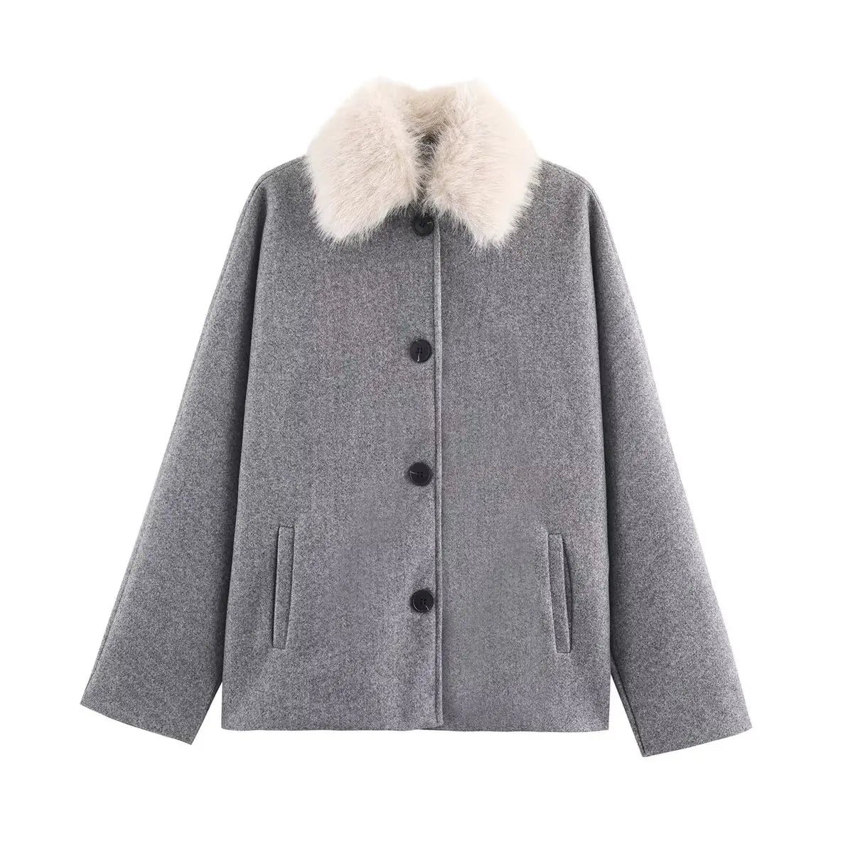 Womens Fashion Coat With Fur Collar Single Breasted Wool Coat Stylish And Versatile Suitable For Everyday And Work Wear