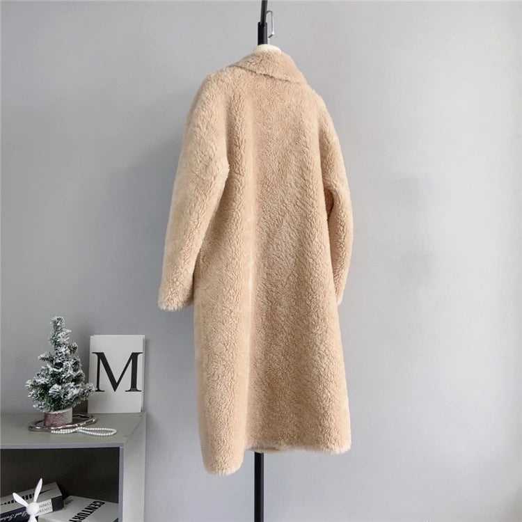 100% Wool Coat Women New Warm Sheep Shearing Long Solid Color Long Coat Lamb Wool casacos femininos inverno 2025