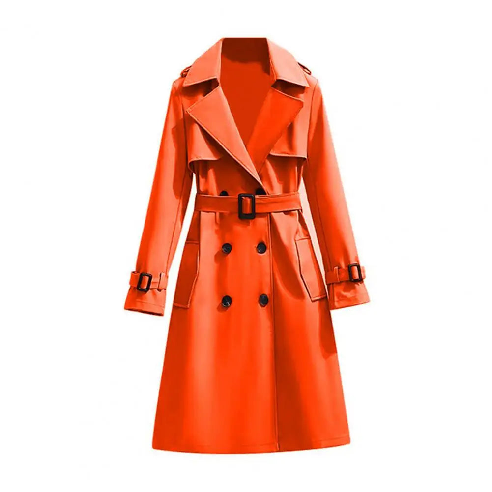 Classic Women Trench Coat Double Breasted Long Trench Coat Belted Notch Lapel Overcoat Fall Winter Windproof Classic Outerwear
