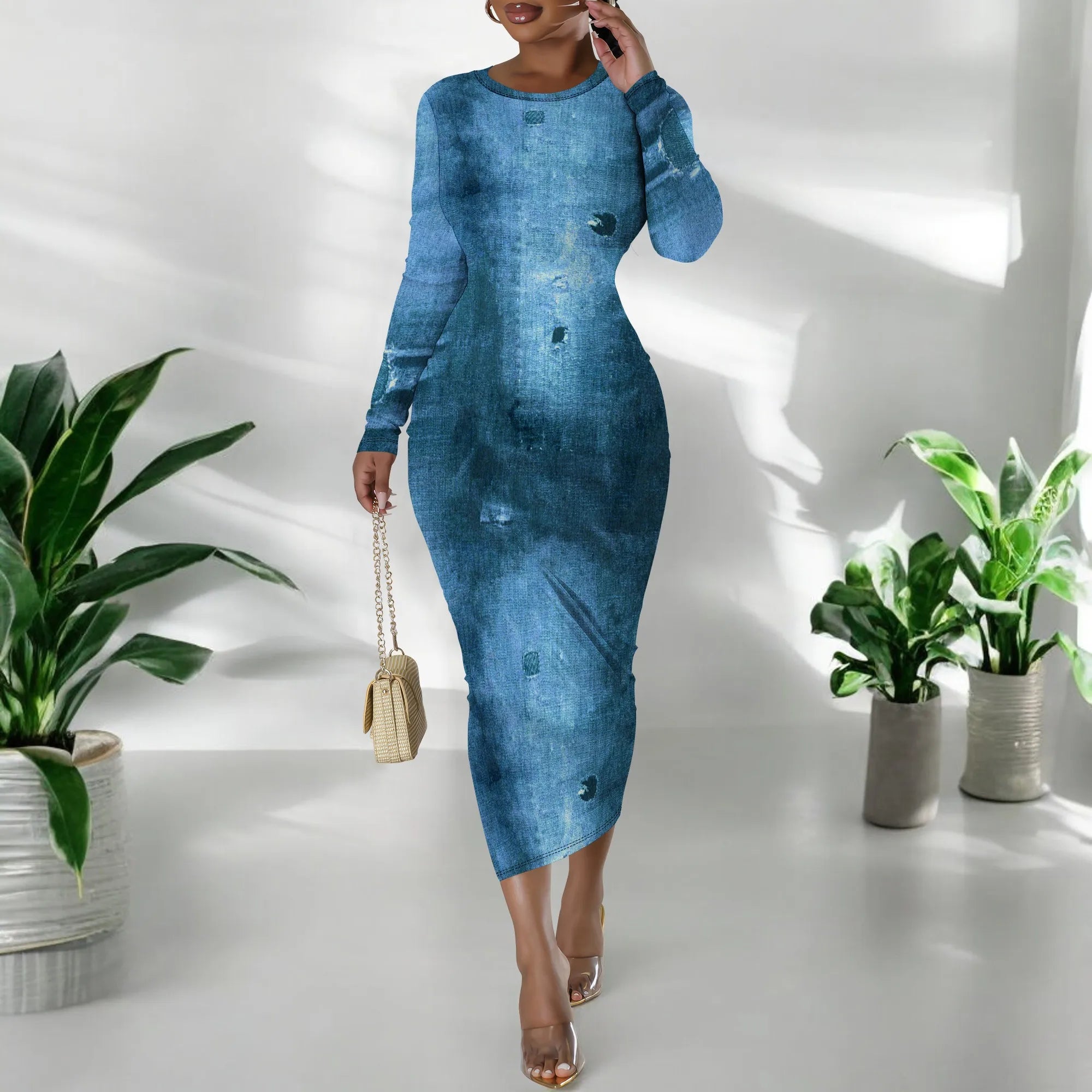 European and American women's fashion temperament casual print slim black dress