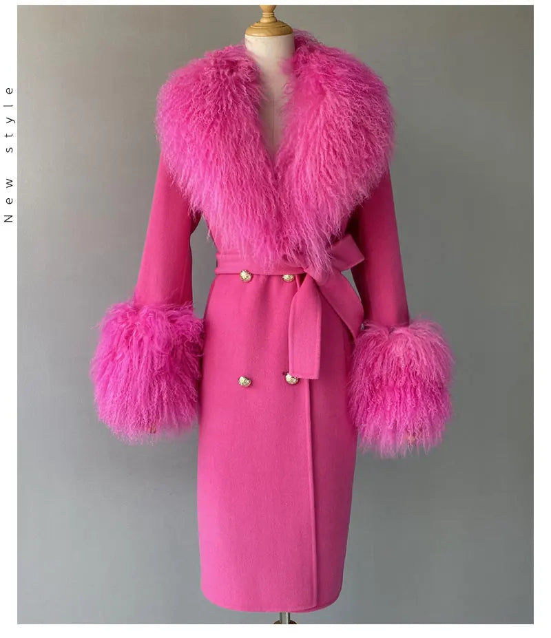 Women Cashmere Wool Coat With Real Mongolian Sheep Fur Collar  Ladies Autumn Winter Fashion Long Outwear Full Sleeve Fur Jacket