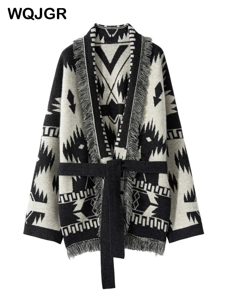 WQJGR Cashmere Cardigan Sweater Women Tassels Knit Jacquard Coat Winter High Quality Female Clothing Full Sleeve Tops