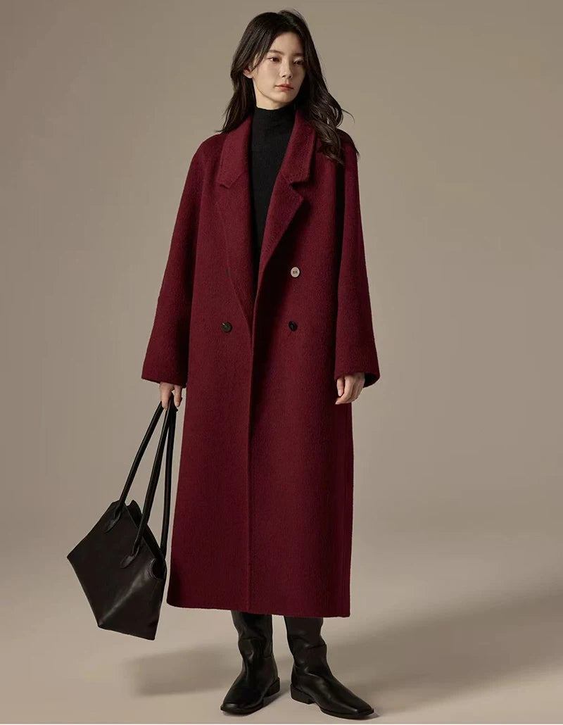 Vintage Faux Wool Coat Women Y2K Autumn Streetwear Loose Casual Midi Jacket Korean Elegant Office Ladies Blended Outwear New