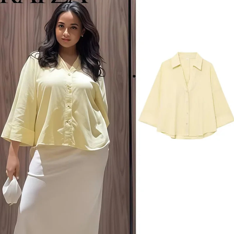 2025 Women Yellow Shirt Fashion Cotton Linen Wide-sleeved Short Shirt Single-breasted Casual Loose Blouse Mujer Roupas