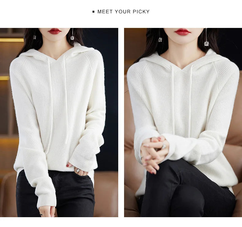 2023 New Cashmere hooded sweater Women Long Sleeve Autumn and Winter Knit hooded Pullover Solid Color Cashmere Base