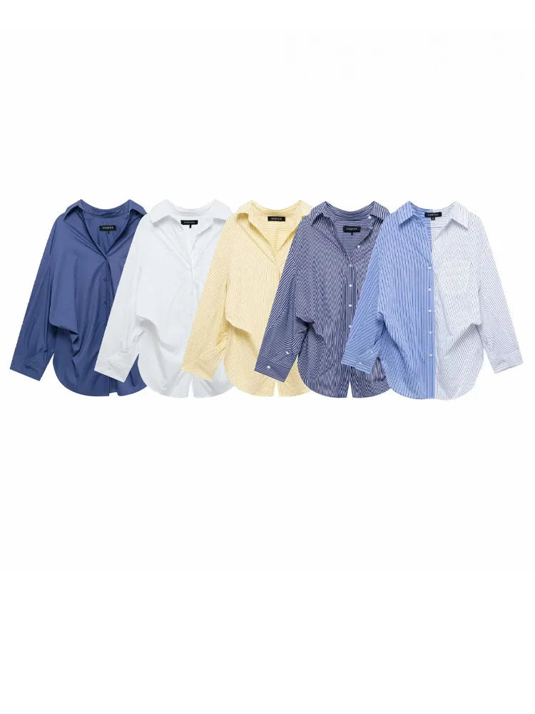 HH Women Elegant Commuter Shirt Splicing Loose Striped Single-breasted Lapel Blouse Female Spring Casual Long-sleeved Top