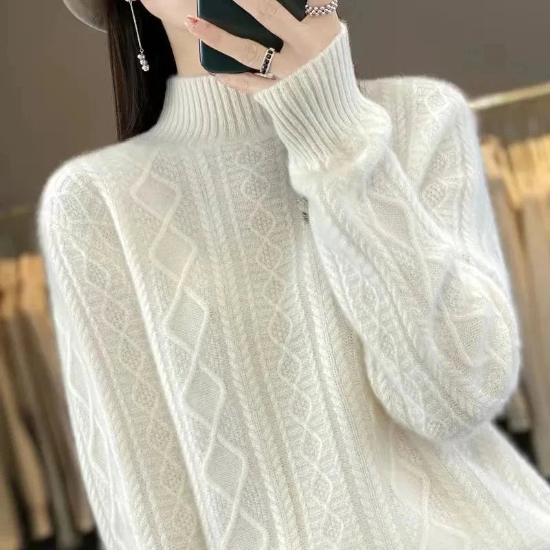 2024 New Women Autumn Winter Sweater Thick 100% Merino Wool Turtleneck Casual Cashmere Knitwaer Pullover Korean Fashion Tops