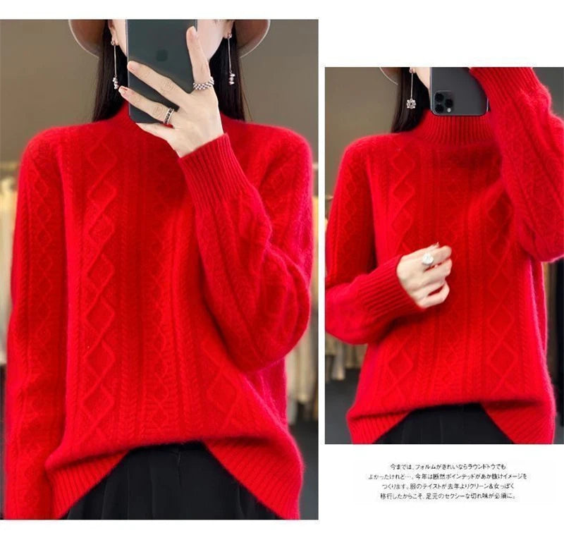 2024 New Women Autumn Winter Sweater Thick 100% Merino Wool Turtleneck Casual Cashmere Knitwaer Pullover Korean Fashion Tops