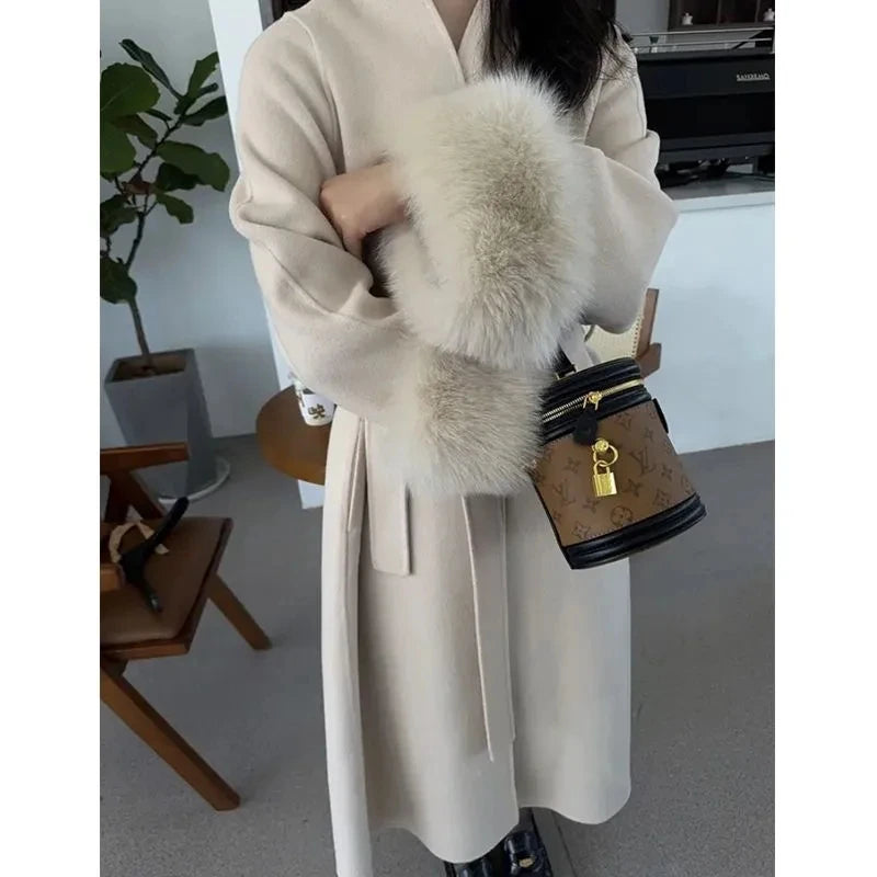 Women Autumn Winter Woolen Coat 2025 New High-End French Style Fur Sleeves Mid-Length Woolen Coat Women Long Coat Loose Outwear