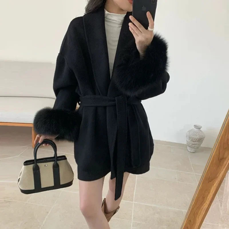 Tossy Fox Fur Wool Overcoat Women's Short Coat Office Lady Elegant Double-sided Woolen Coat 2025 New Cardigan Jackets Loose Wool