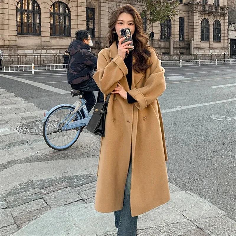 100% Wool Coat Women's Wear 2024 Autumn/Winter Fashion Temperament Double sided Cashmere Coats with Belt Elegant Long Overcoat
