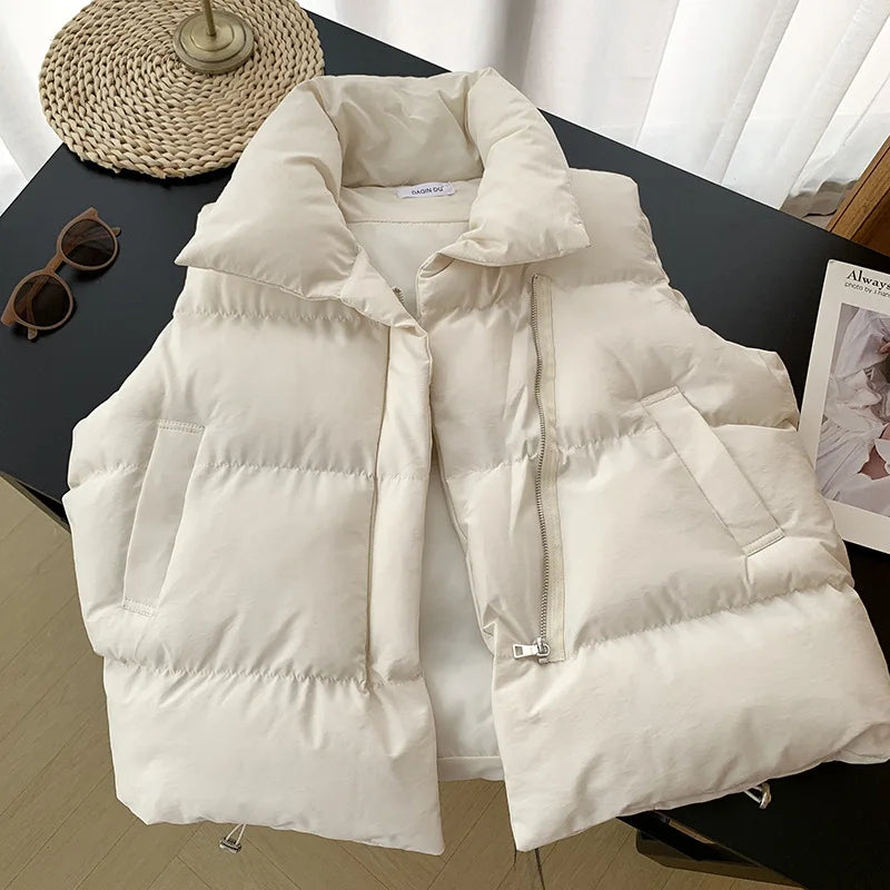 Women's Winter Short down Sleeveless Vest Warm Stand Collar Zipper Jacket Casual Fashion Quilted Cropped Coats Street Outerwear