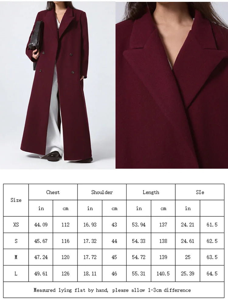 Wine-red Woolen Coat For Women, Long Autumn New Slim-fit Overcoat, Hepburn-style Knee-length Wool Coat