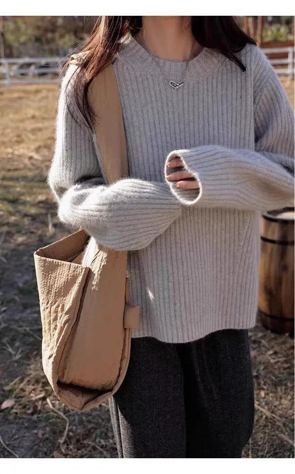100% Cashmere sweater for women's autumn and winter loose and soft sweater wool knitted sweater round neck base layer