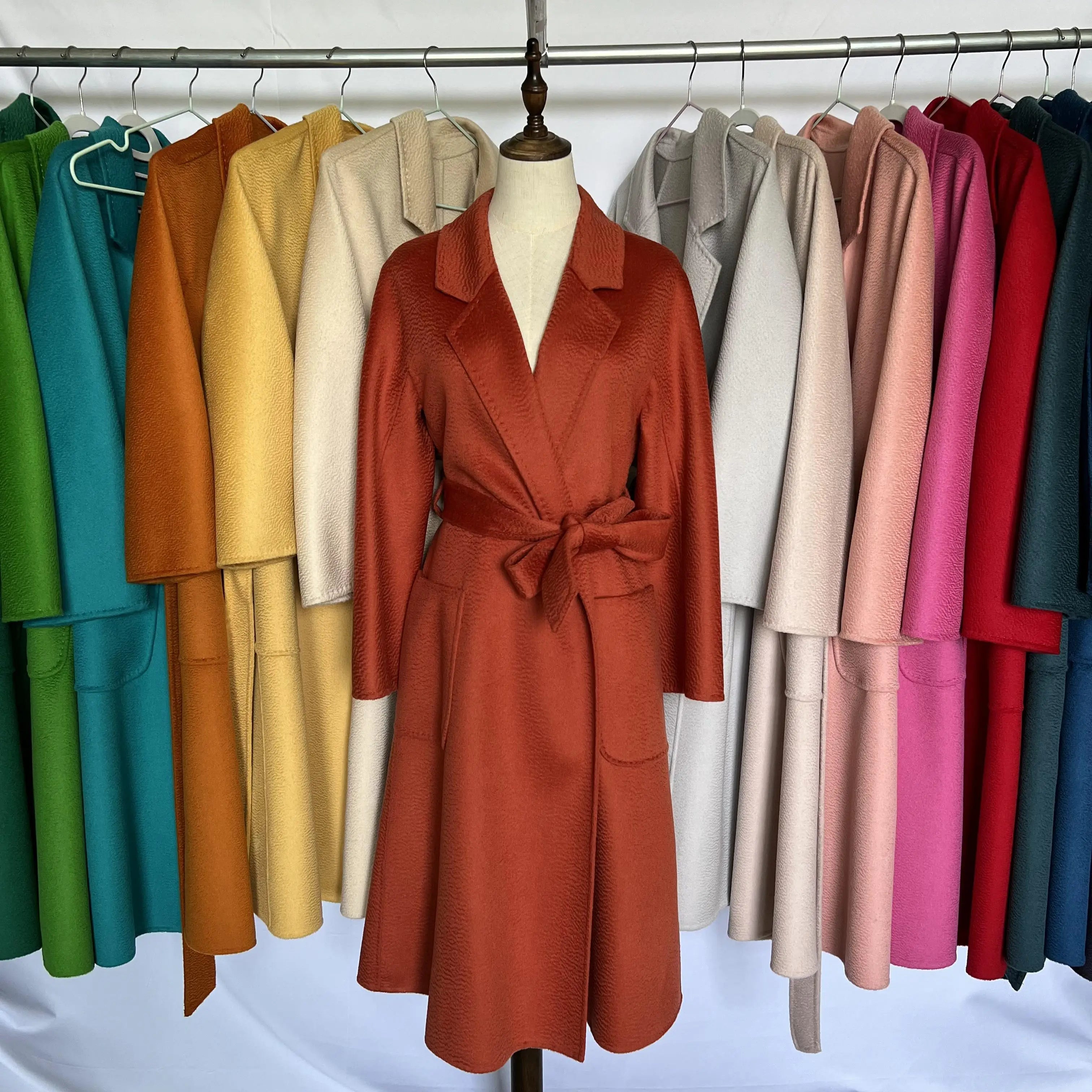 Cashmere Coat Female Winter Mid-Length Corrugated Coat Black Wool Coat Woman Autumn New Casual Fashion Red Beige Lace-Up Coat