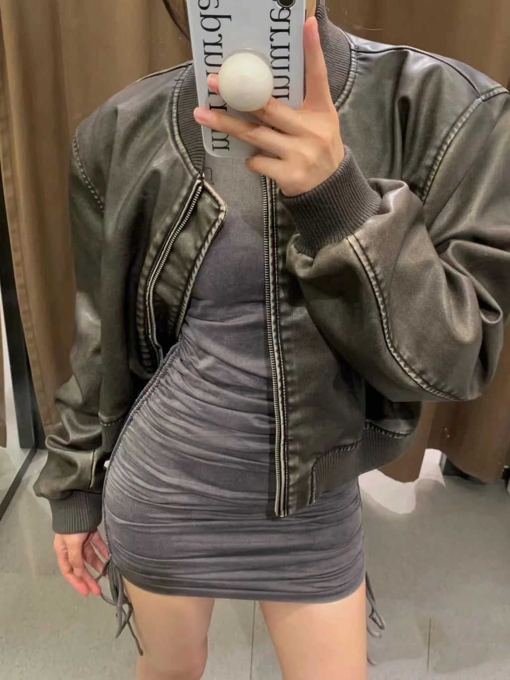 ZVRI Women's 2023 new vintage imitation leather bomber jacket coat top women's style