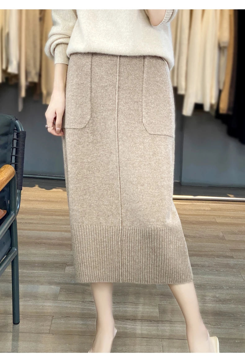 Women's Knitted Cashmere Skirt Double Pocket 100% Pure Wool Commuter Joker Straight Skirt for Autumn Winter New