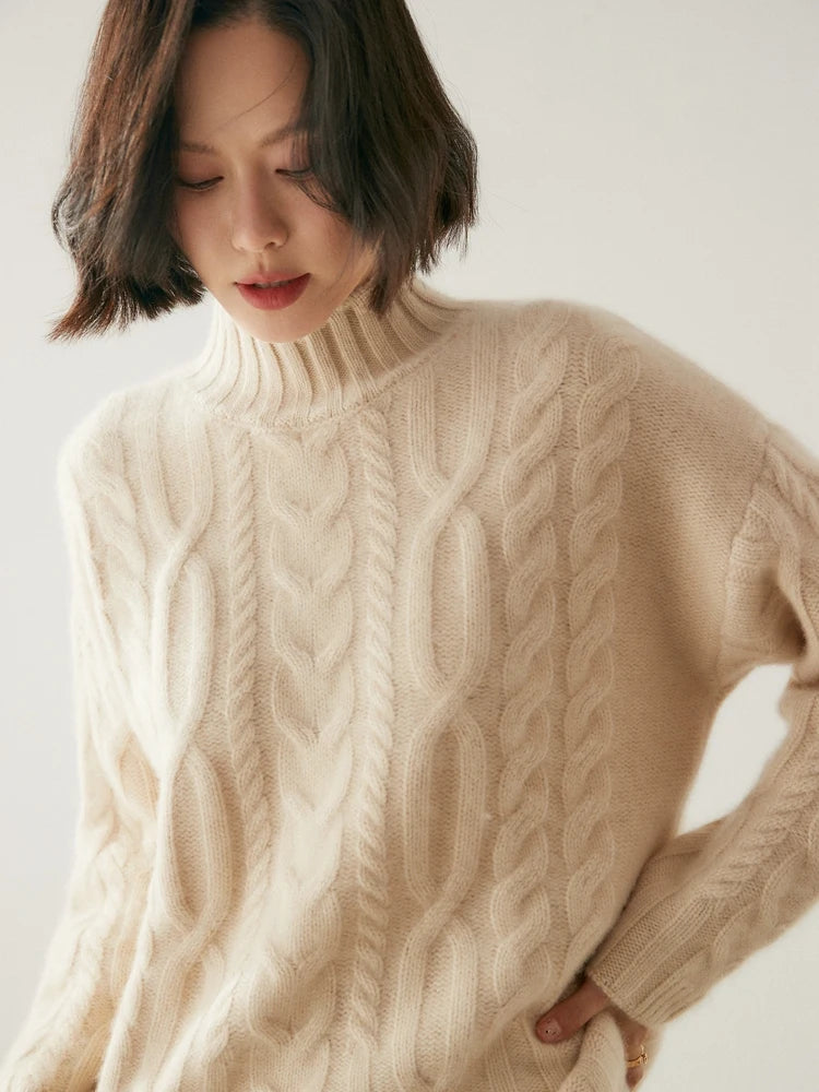 Women 100% Cashmere Sweater Mock Neck Pullover Cable Knitting Vintage Loose Style Thickened Cashmere Knitwear Autumn Winter Tops