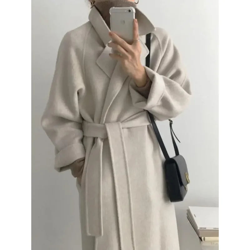 Elegant Woolen Coat Women's 2025 Autumn Winter Mid Length Adjustable Waist Thick Casual Long Sleeve Fashion Wool Coats Female
