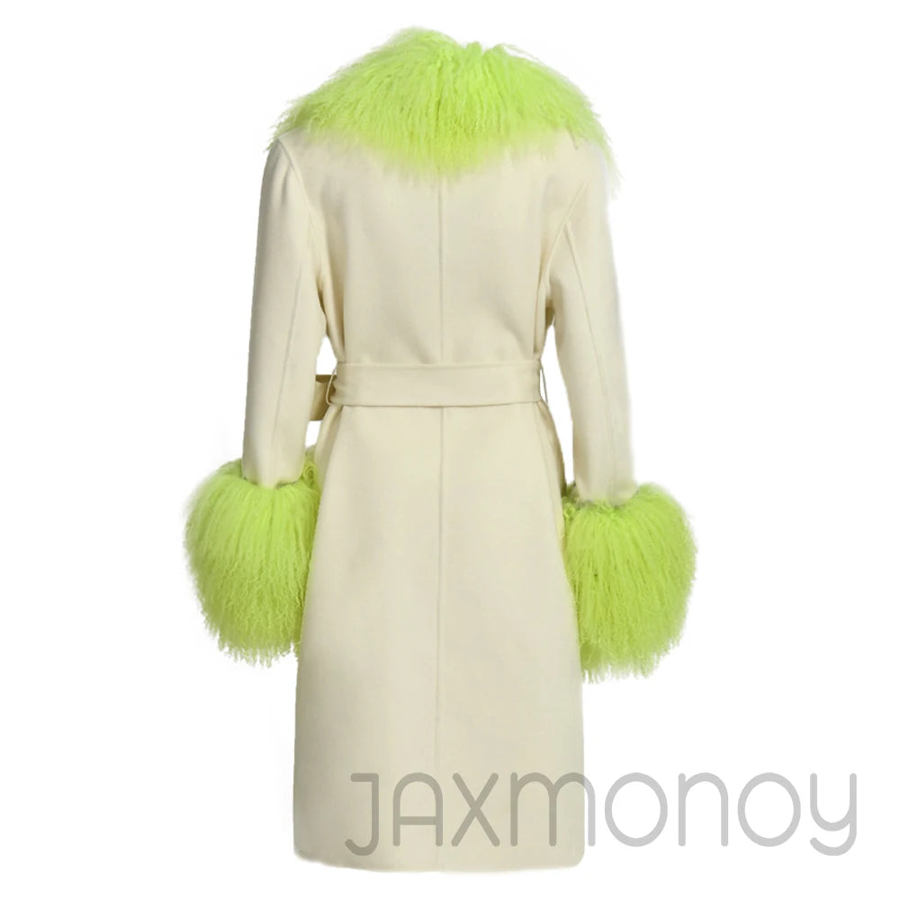 Women Cashmere Wool Coat With Real Mongolian Sheep Fur Collar  Ladies Autumn Winter Fashion Long Outwear Full Sleeve Fur Jacket