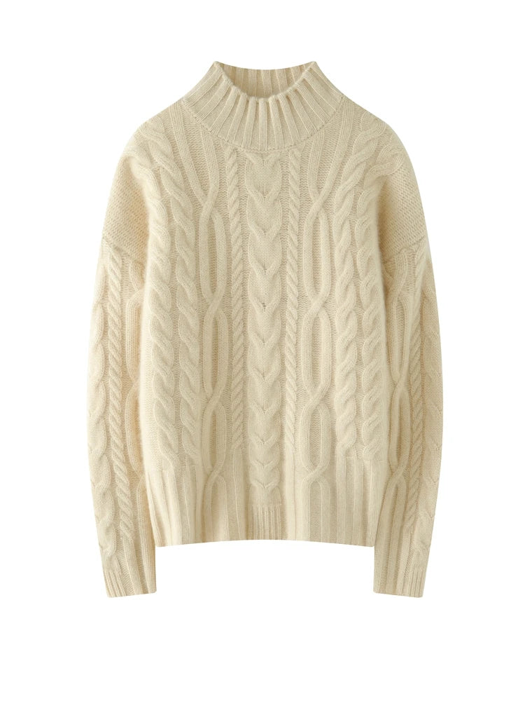 Women 100% Cashmere Sweater Mock Neck Pullover Cable Knitting Vintage Loose Style Thickened Cashmere Knitwear Autumn Winter Tops