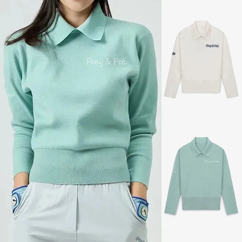 Women Pullover Sweaters Long Sleeve Golf Tops Tshirt Collar Polo Sweater Solid Color Sportswear Women Clothes