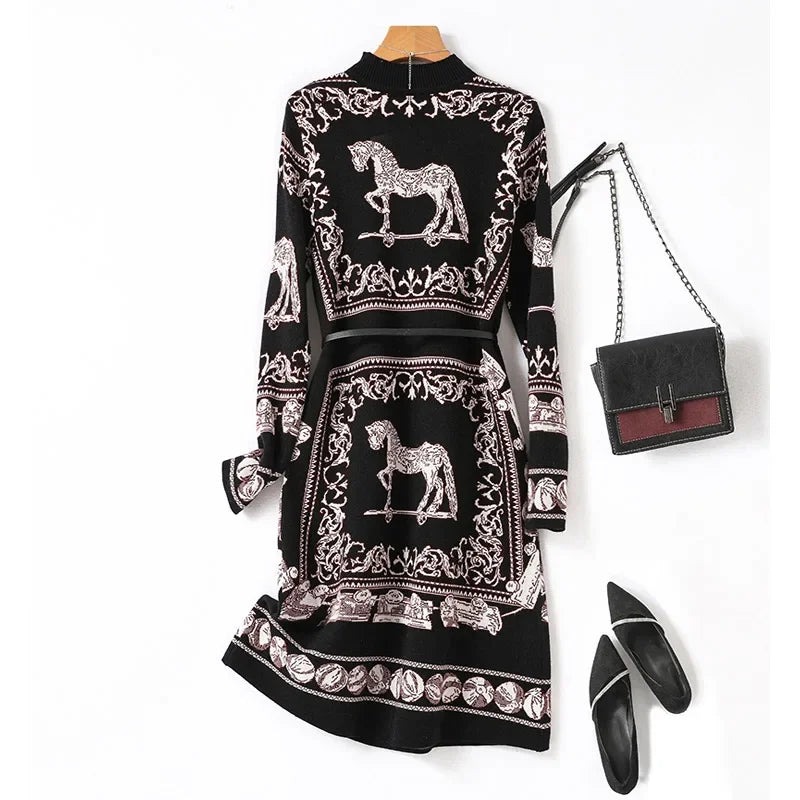 Women's Clothing Fashion Vintage Jacquard Knitted Dresses Autumn Winter Loose O-neck Thick Warm Elegant Dresses