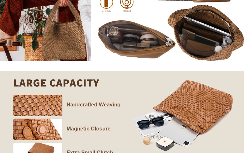 Woven Tote Bag for Women Large Woven Handbag Soft Leather Shoulder Bag Work Shopper Summer Beach Travel Tote Bag with Purse
