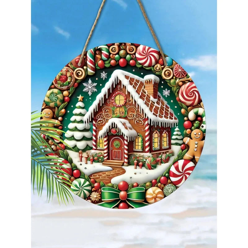 Christmas Wooden Decorations2DRelief Snow House Gingerbread Man Candy Garland Sign For Courtyard Balcony Door Outdoor Home Decor