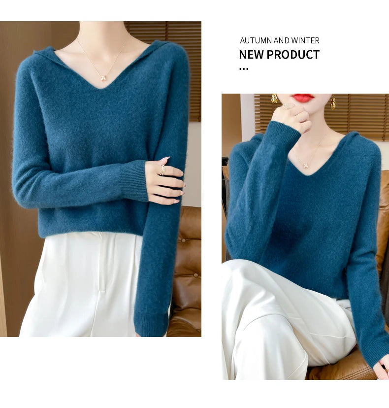 Women Autumn Winter Clothing Hooded Collar Pullover 100% Merino Wool Sweater New Fashion Cashmere Tops Bottoming Knitwear Soft