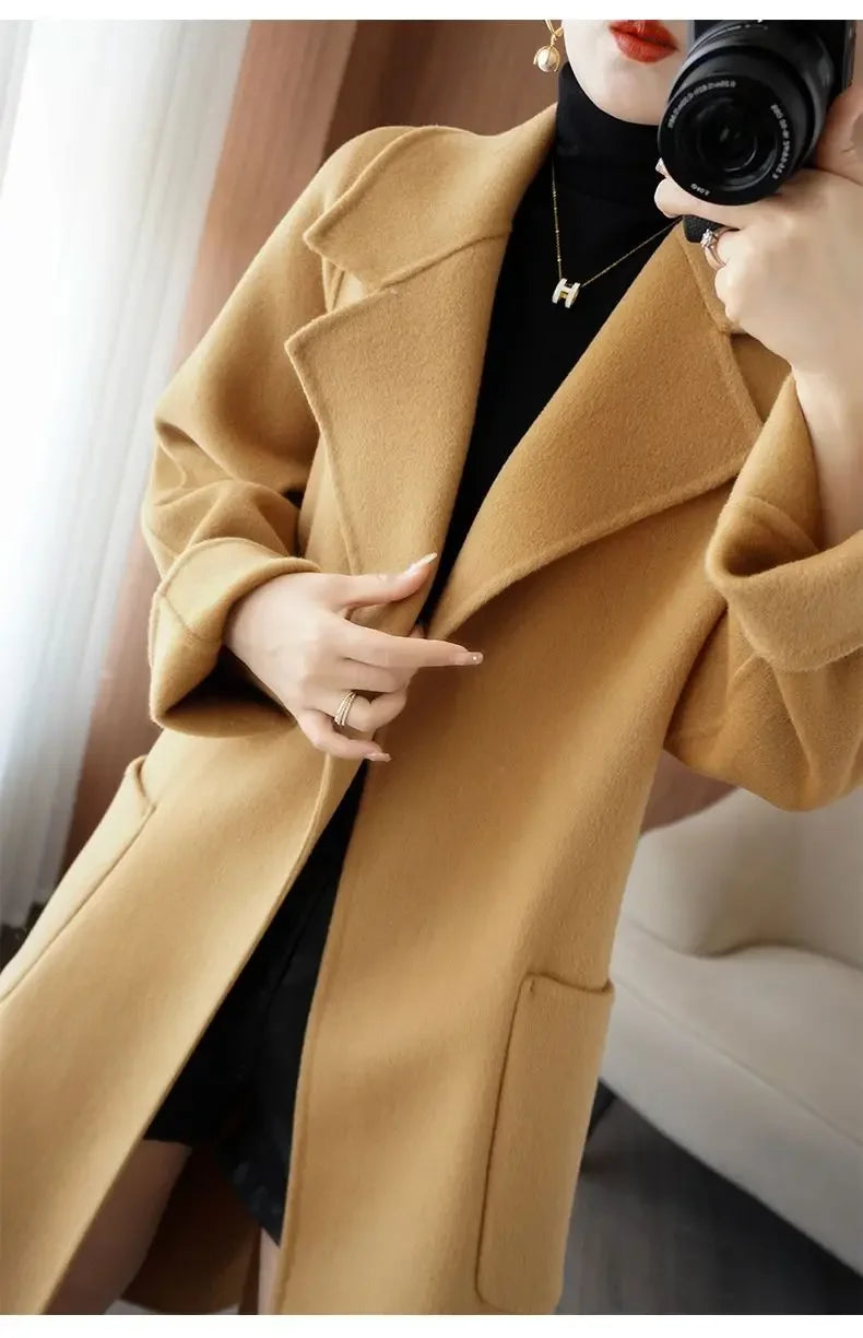 100% Wool Coat Women's Wear 2025 Autumn/Winter Fashion Temperament Double sided Cashmere Coats with Belt Elegant Long Overcoat