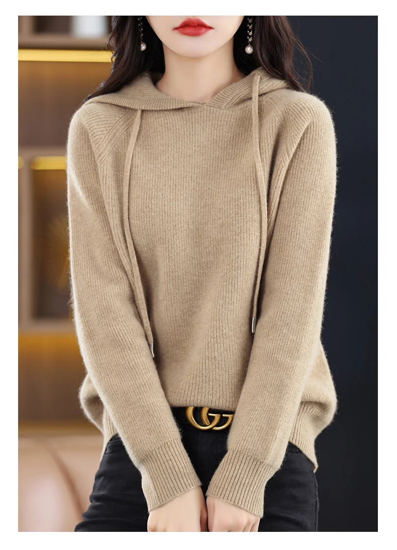 2023 New Cashmere hooded sweater Women Long Sleeve Autumn and Winter Knit hooded Pullover Solid Color Cashmere Base