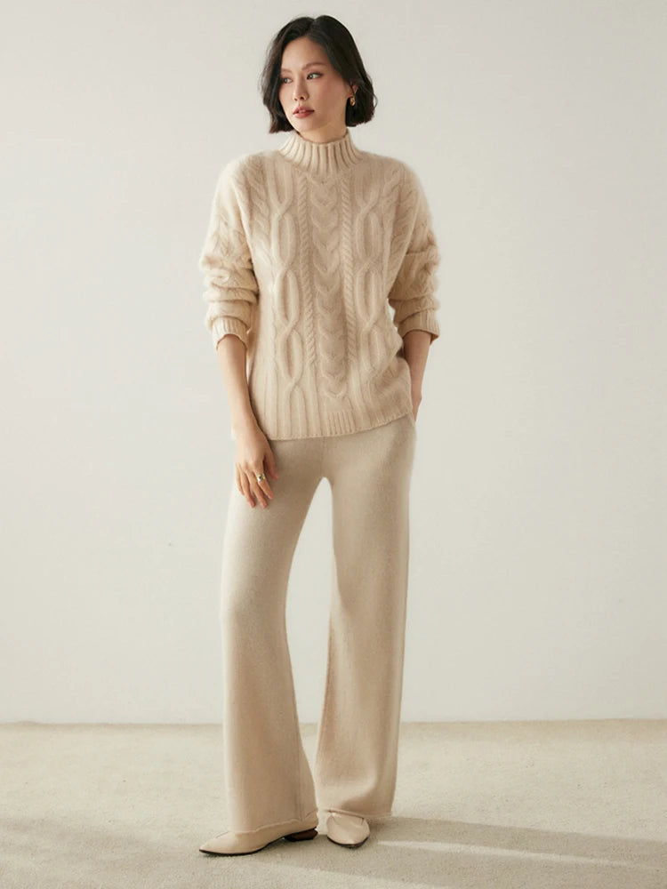 Women 100% Cashmere Sweater Mock Neck Pullover Cable Knitting Vintage Loose Style Thickened Cashmere Knitwear Autumn Winter Tops