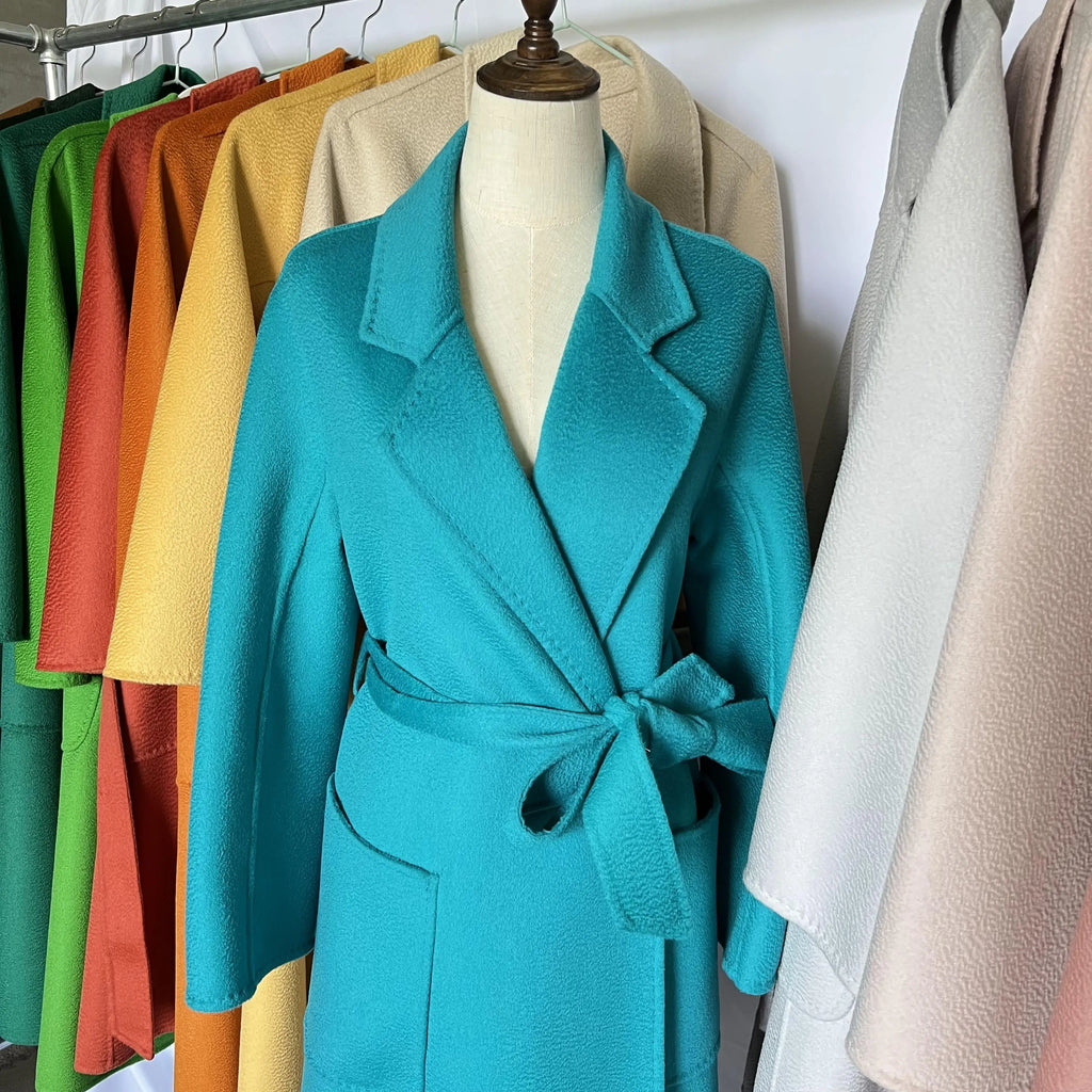 Cashmere Coat Female Winter Mid-Length Corrugated Coat Black Wool Coat Woman Autumn New Casual Fashion Red Beige Lace-Up Coat