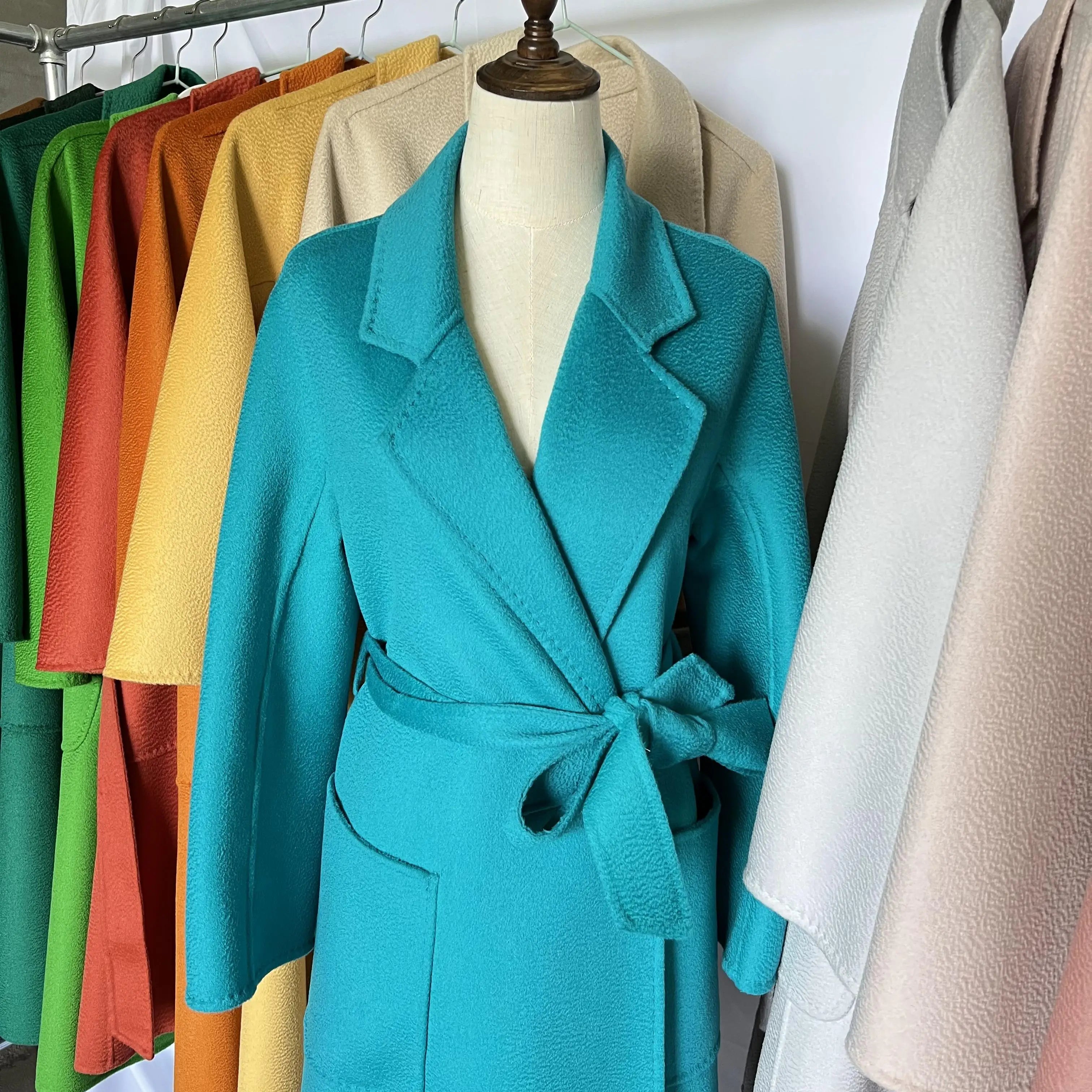 Cashmere Coat Female Winter Mid-Length Corrugated Coat Black Wool Coat Woman Autumn New Casual Fashion Red Beige Lace-Up Coat