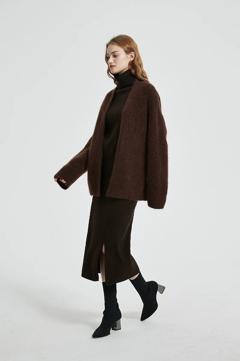 BAHTLEE-Women's Mohair Cardigan Knitted Sweater V-Neck Solid Long Sleeves Coat Keep Warm