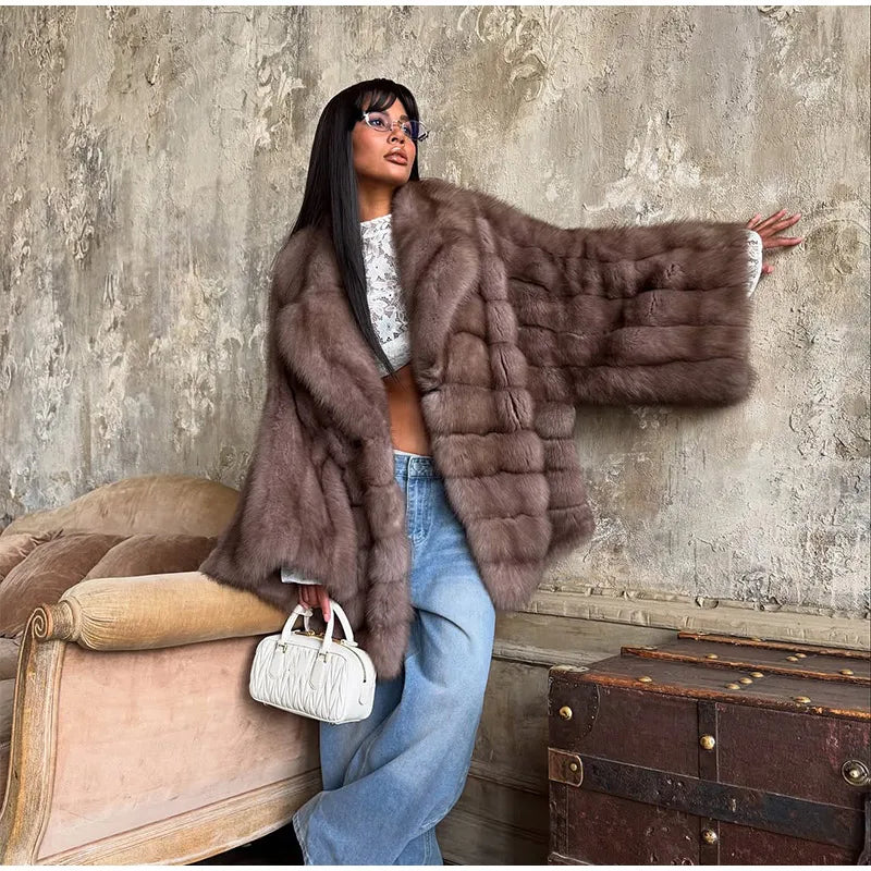 Fashion Medium-length Fur Coat Women Elegant Solid Lapel Hidden Button Loose Coats Lady 2025 Winter New Commute Office Outerwear