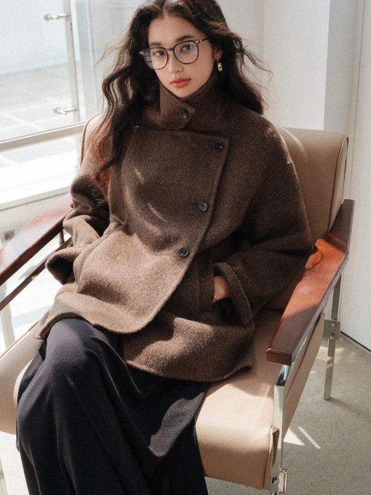 Women Elegant Wool-Like Winter Short Coat Brown Belted Jacket Warm Casual Outerwear for Lady with High Neck and Waist Tie Design