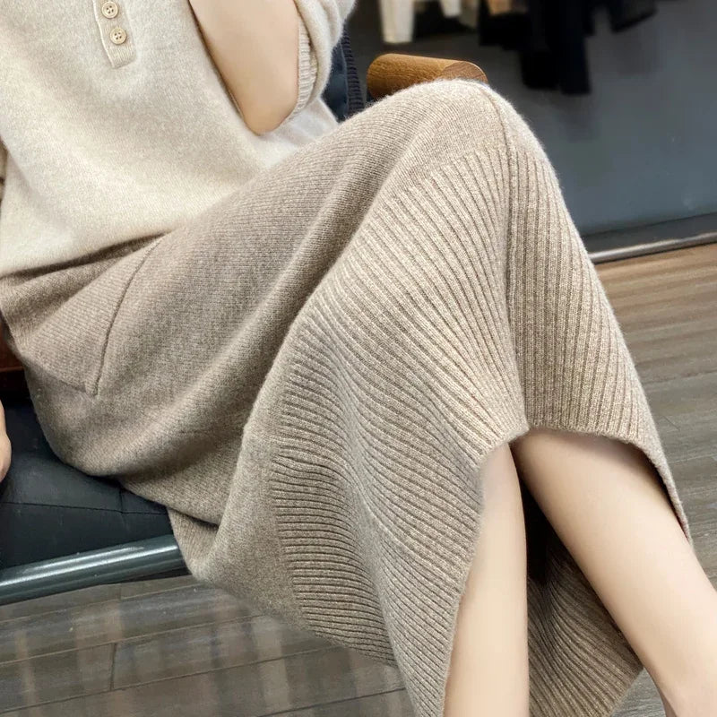 Women's Knitted Cashmere Skirt Double Pocket 100% Pure Wool Commuter Joker Straight Skirt for Autumn Winter New