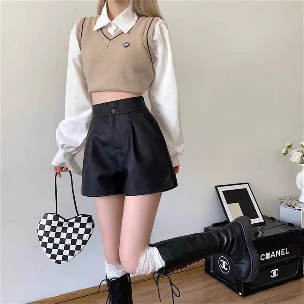 Fashion PU Shorts For Women 2025 Autumn Winter Retro New In Short Pant Solid High Waist Chic Shorts Lady Y2k Casual Street Wear