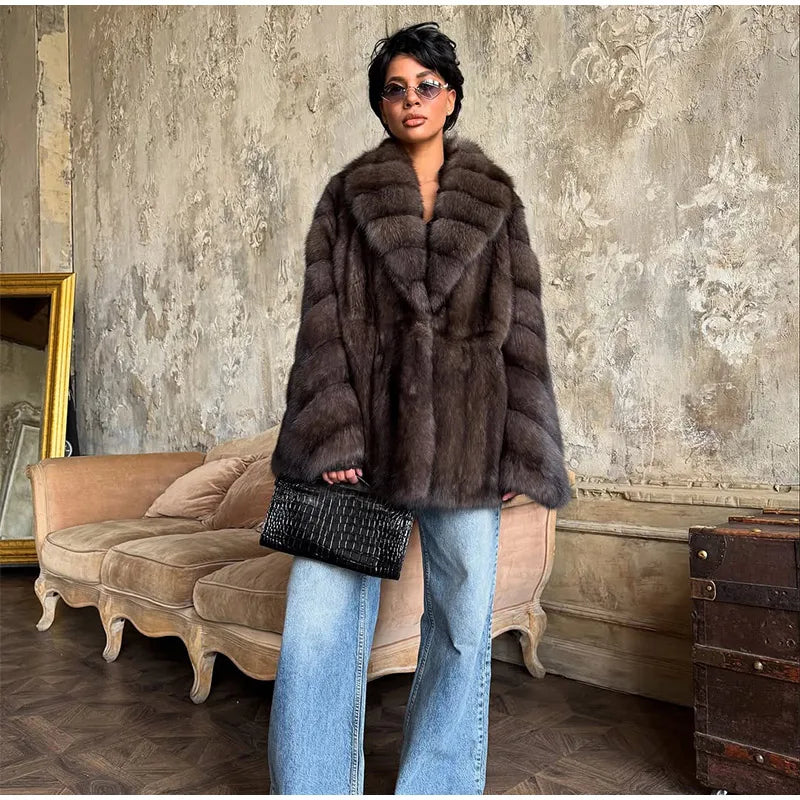 Fashion Medium-length Fur Coat Women Elegant Solid Lapel Hidden Button Loose Coats Lady 2025 Winter New Commute Office Outerwear