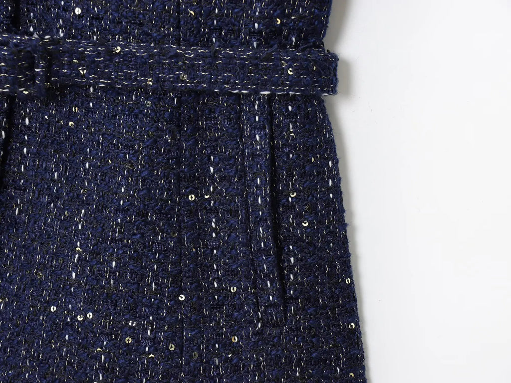 2025 Autumn New Women's Fashion Chic with Belt, Gold Button Decoration Round Neck Short Sleeve Blended Coat